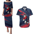 Melbourne Demons Australian Football Couples Matching Puletasi and Hawaiian Shirt Devil Mascot With Indigenous Pattern Art