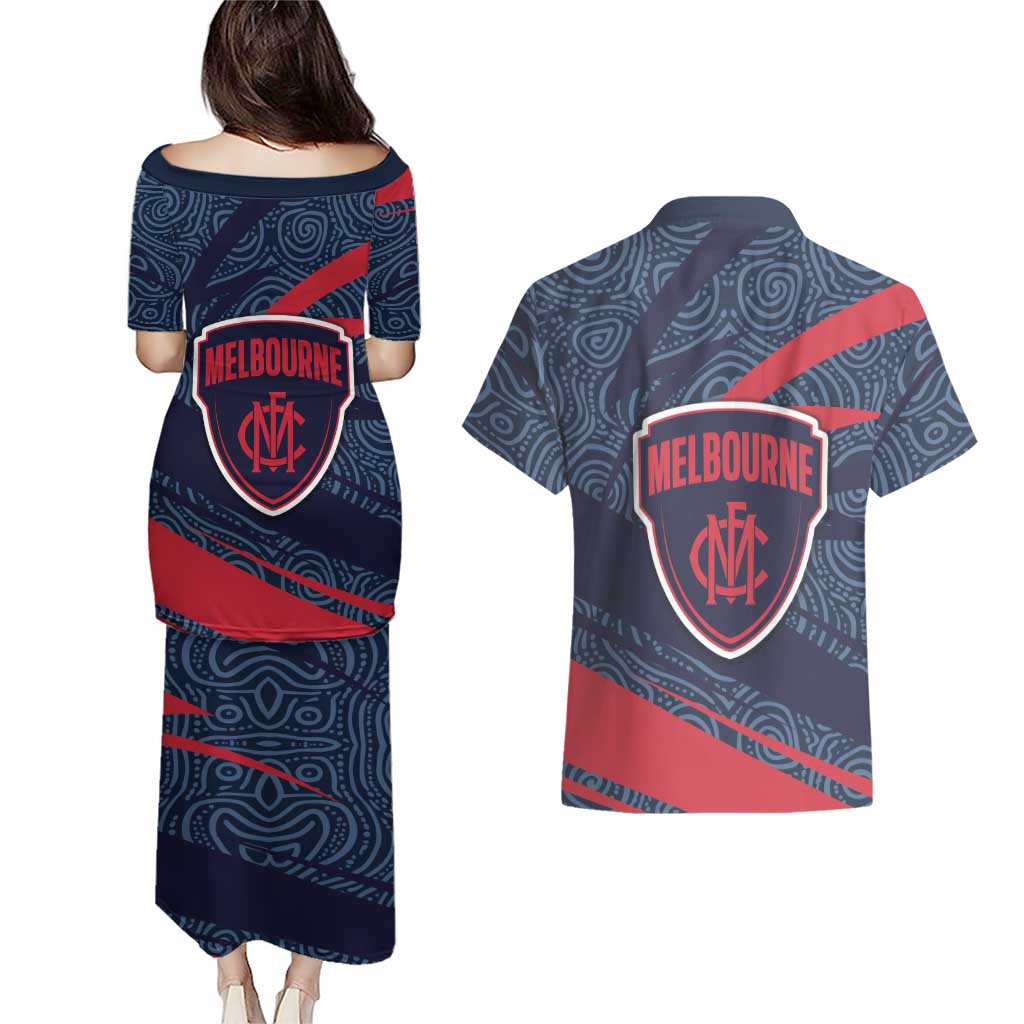 Melbourne Demons Australian Football Couples Matching Puletasi and Hawaiian Shirt Devil Mascot With Indigenous Pattern Art