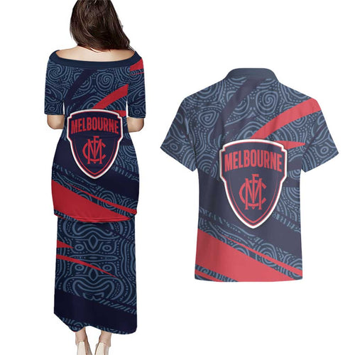 Melbourne Demons Australian Football Couples Matching Puletasi and Hawaiian Shirt Devil Mascot With Indigenous Pattern Art