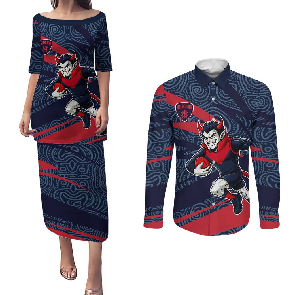 Melbourne Demons Australian Football Couples Matching Puletasi and Long Sleeve Button Shirt Devil Mascot With Indigenous Pattern Art