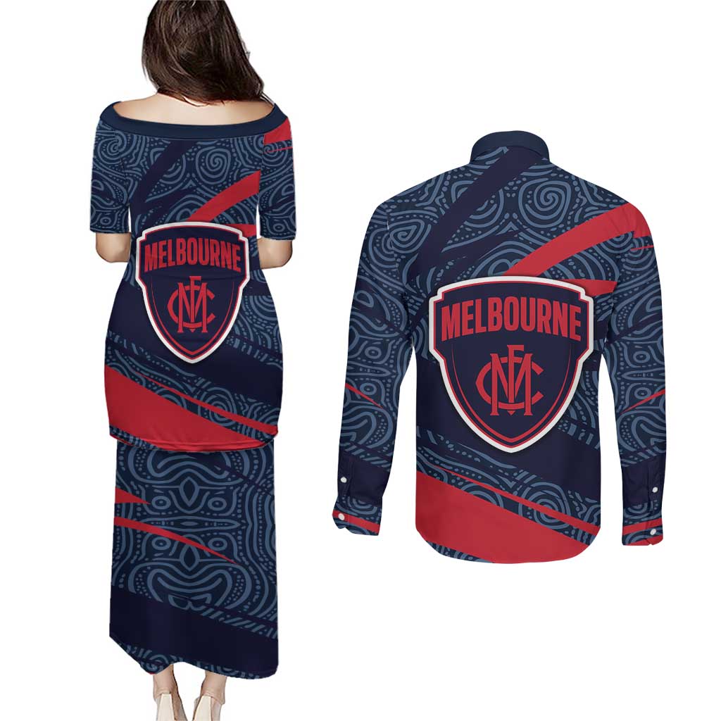 Melbourne Demons Australian Football Couples Matching Puletasi and Long Sleeve Button Shirt Devil Mascot With Indigenous Pattern Art