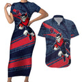 Melbourne Demons Australian Football Couples Matching Short Sleeve Bodycon Dress and Hawaiian Shirt Devil Mascot With Indigenous Pattern Art