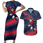Melbourne Demons Australian Football Couples Matching Short Sleeve Bodycon Dress and Hawaiian Shirt Devil Mascot With Indigenous Pattern Art