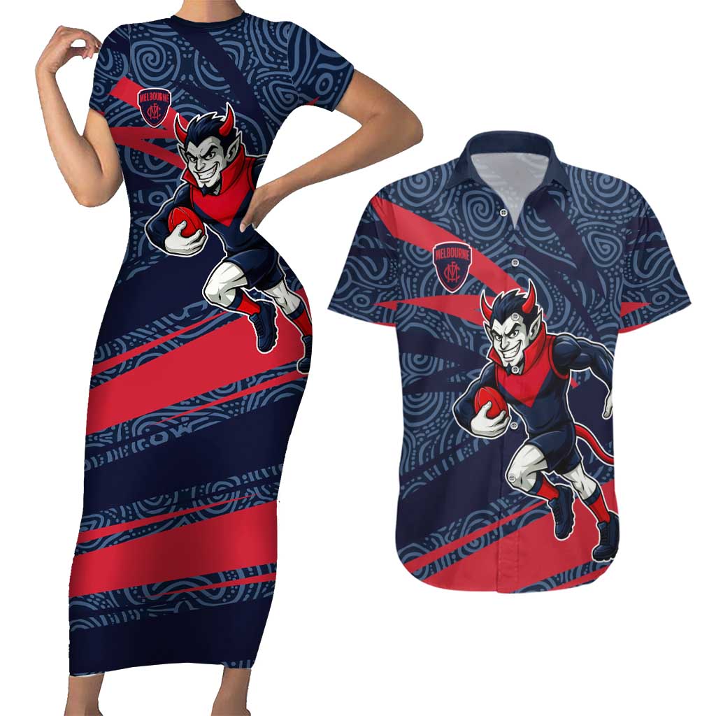 Melbourne Demons Australian Football Couples Matching Short Sleeve Bodycon Dress and Hawaiian Shirt Devil Mascot With Indigenous Pattern Art