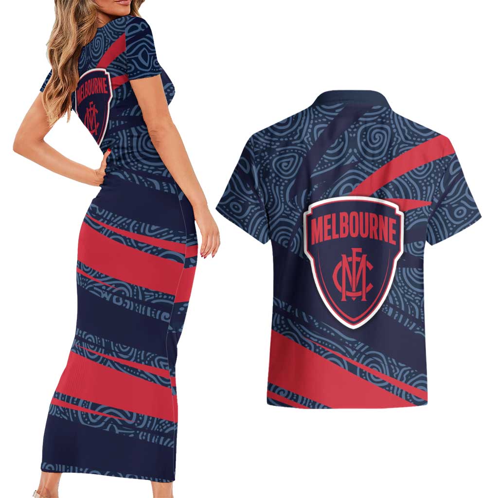 Melbourne Demons Australian Football Couples Matching Short Sleeve Bodycon Dress and Hawaiian Shirt Devil Mascot With Indigenous Pattern Art