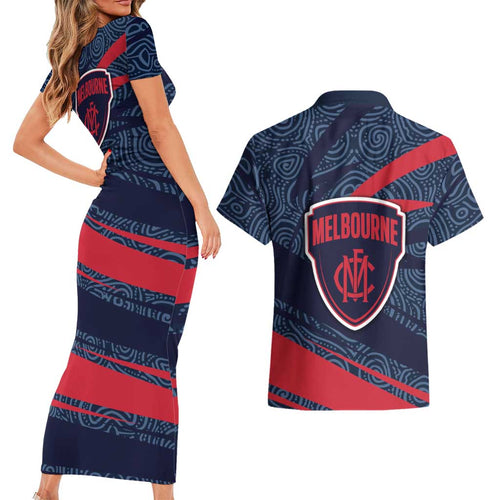Melbourne Demons Australian Football Couples Matching Short Sleeve Bodycon Dress and Hawaiian Shirt Devil Mascot With Indigenous Pattern Art