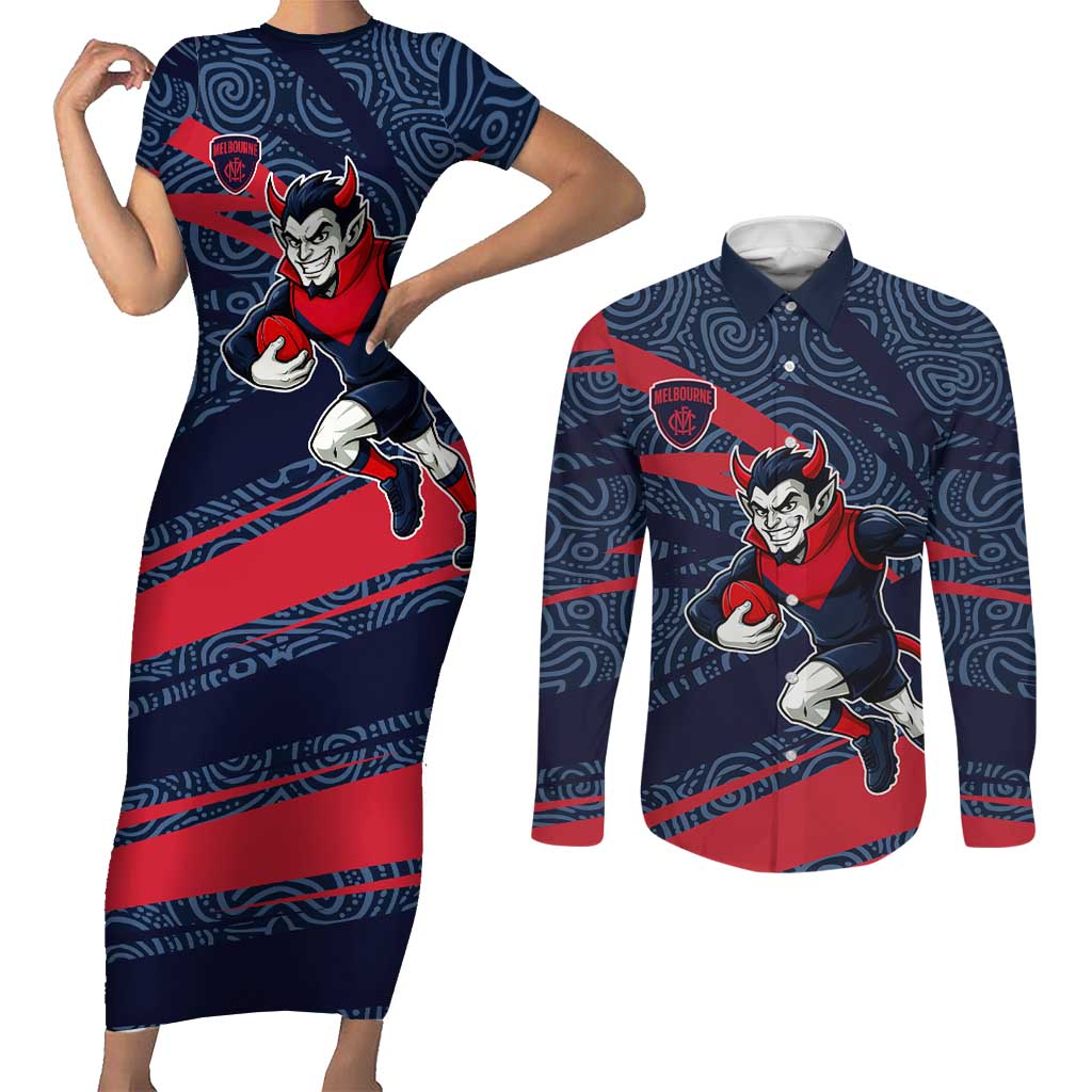 Melbourne Demons Australian Football Couples Matching Short Sleeve Bodycon Dress and Long Sleeve Button Shirt Devil Mascot With Indigenous Pattern Art
