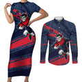 Melbourne Demons Australian Football Couples Matching Short Sleeve Bodycon Dress and Long Sleeve Button Shirt Devil Mascot With Indigenous Pattern Art