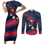 Melbourne Demons Australian Football Couples Matching Short Sleeve Bodycon Dress and Long Sleeve Button Shirt Devil Mascot With Indigenous Pattern Art