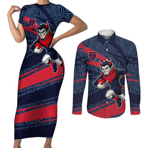 Melbourne Demons Australian Football Couples Matching Short Sleeve Bodycon Dress and Long Sleeve Button Shirt Devil Mascot With Indigenous Pattern Art