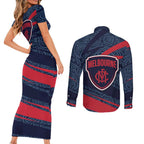 Melbourne Demons Australian Football Couples Matching Short Sleeve Bodycon Dress and Long Sleeve Button Shirt Devil Mascot With Indigenous Pattern Art