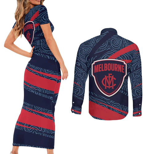 Melbourne Demons Australian Football Couples Matching Short Sleeve Bodycon Dress and Long Sleeve Button Shirt Devil Mascot With Indigenous Pattern Art