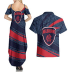 Melbourne Demons Australian Football Couples Matching Summer Maxi Dress and Hawaiian Shirt Devil Mascot With Indigenous Pattern Art
