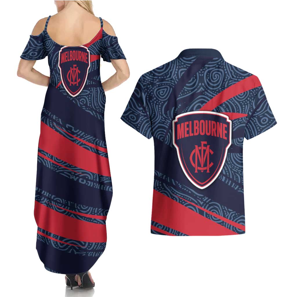 Melbourne Demons Australian Football Couples Matching Summer Maxi Dress and Hawaiian Shirt Devil Mascot With Indigenous Pattern Art
