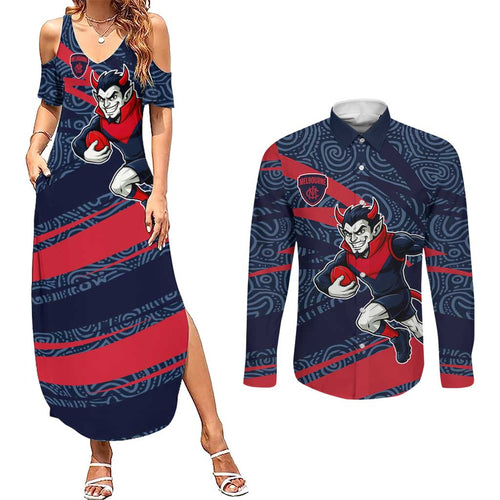 Melbourne Demons Australian Football Couples Matching Summer Maxi Dress and Long Sleeve Button Shirt Devil Mascot With Indigenous Pattern Art