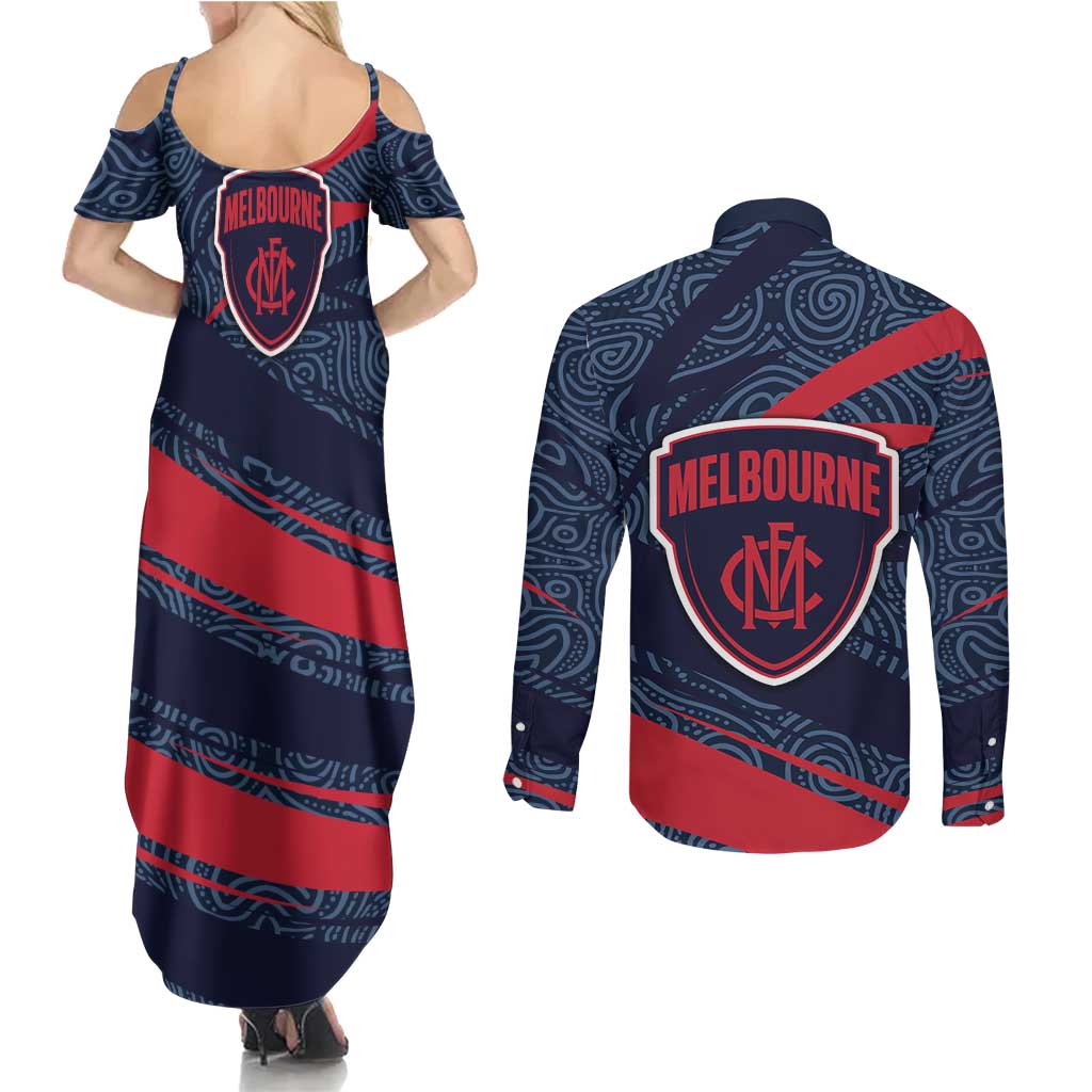 Melbourne Demons Australian Football Couples Matching Summer Maxi Dress and Long Sleeve Button Shirt Devil Mascot With Indigenous Pattern Art