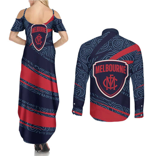 Melbourne Demons Australian Football Couples Matching Summer Maxi Dress and Long Sleeve Button Shirt Devil Mascot With Indigenous Pattern Art