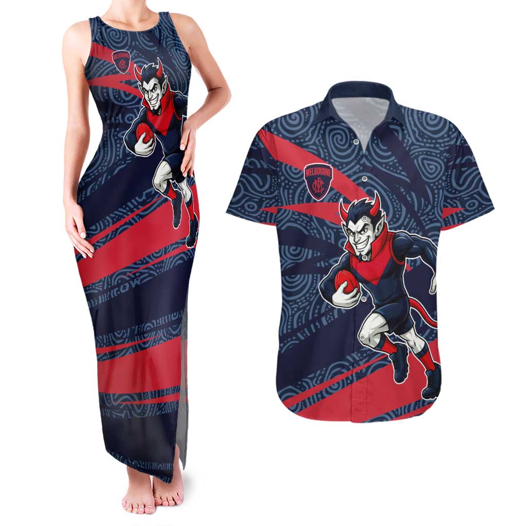 Melbourne Demons Australian Football Couples Matching Tank Maxi Dress and Hawaiian Shirt Devil Mascot With Indigenous Pattern Art
