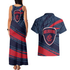 Melbourne Demons Australian Football Couples Matching Tank Maxi Dress and Hawaiian Shirt Devil Mascot With Indigenous Pattern Art