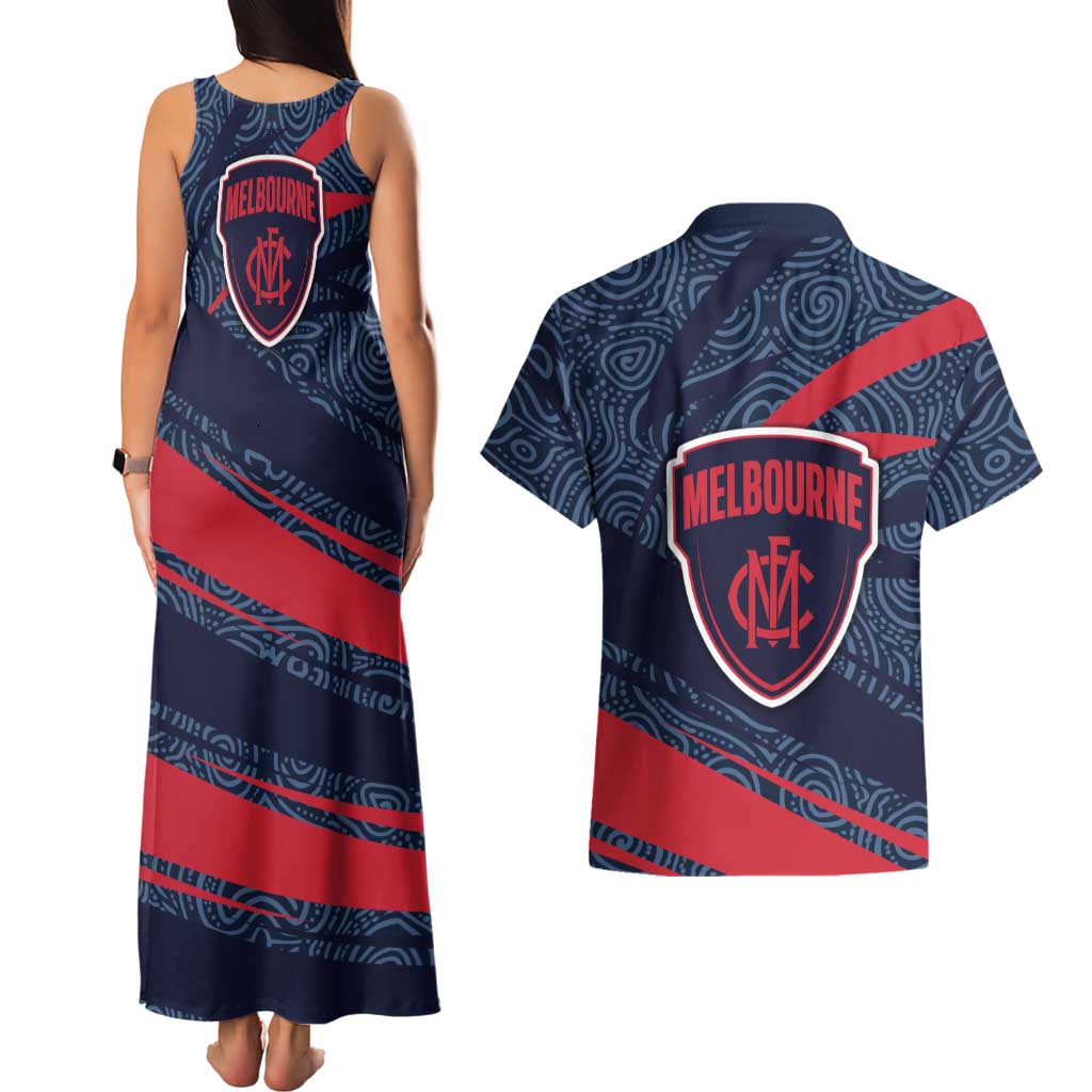 Melbourne Demons Australian Football Couples Matching Tank Maxi Dress and Hawaiian Shirt Devil Mascot With Indigenous Pattern Art