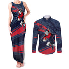 Melbourne Demons Australian Football Couples Matching Tank Maxi Dress and Long Sleeve Button Shirt Devil Mascot With Indigenous Pattern Art