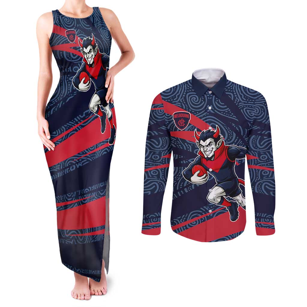 Melbourne Demons Australian Football Couples Matching Tank Maxi Dress and Long Sleeve Button Shirt Devil Mascot With Indigenous Pattern Art