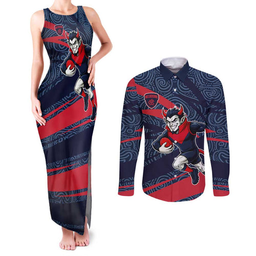 Melbourne Demons Australian Football Couples Matching Tank Maxi Dress and Long Sleeve Button Shirt Devil Mascot With Indigenous Pattern Art