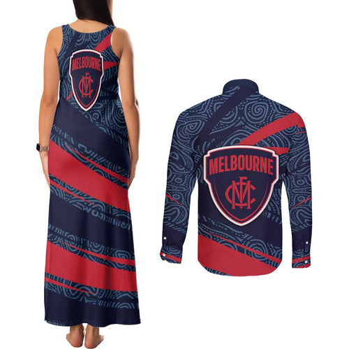 Melbourne Demons Australian Football Couples Matching Tank Maxi Dress and Long Sleeve Button Shirt Devil Mascot With Indigenous Pattern Art