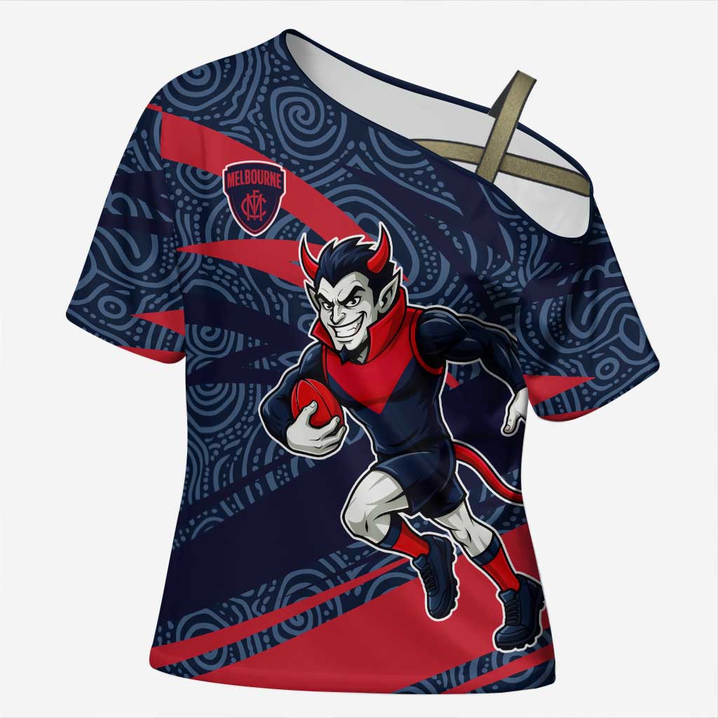 Melbourne Demons Australian Football Cross Shoulder Shirt Devil Mascot With Indigenous Pattern Art