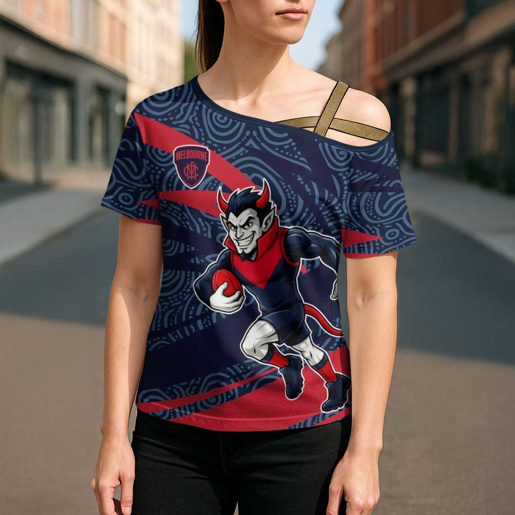 Melbourne Demons Australian Football Cross Shoulder Shirt Devil Mascot With Indigenous Pattern Art