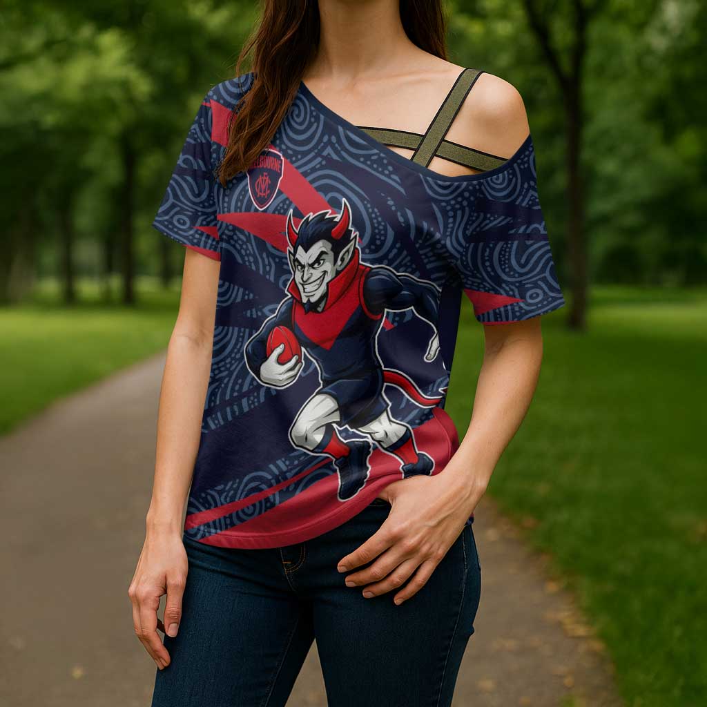Melbourne Demons Australian Football Cross Shoulder Shirt Devil Mascot With Indigenous Pattern Art