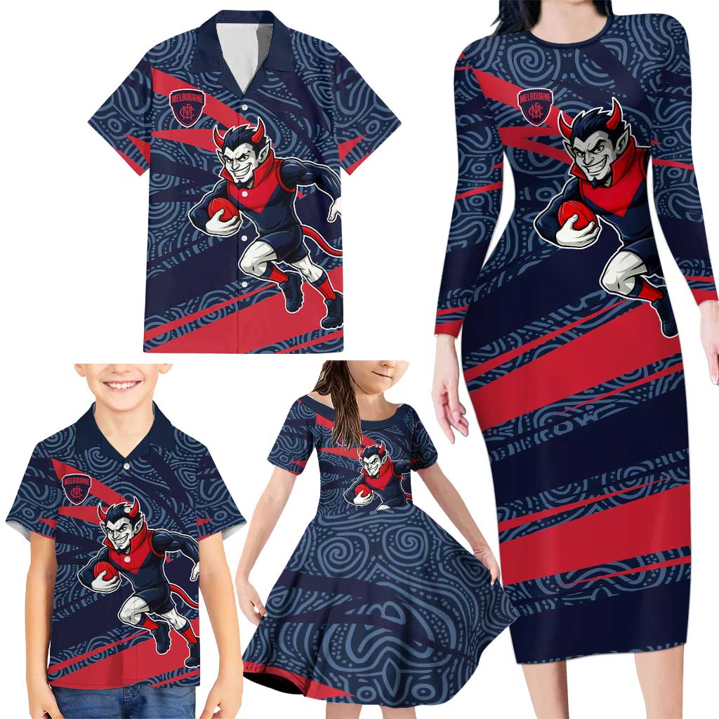 Melbourne Demons Australian Football Family Matching Long Sleeve Bodycon Dress and Hawaiian Shirt Devil Mascot With Indigenous Pattern Art