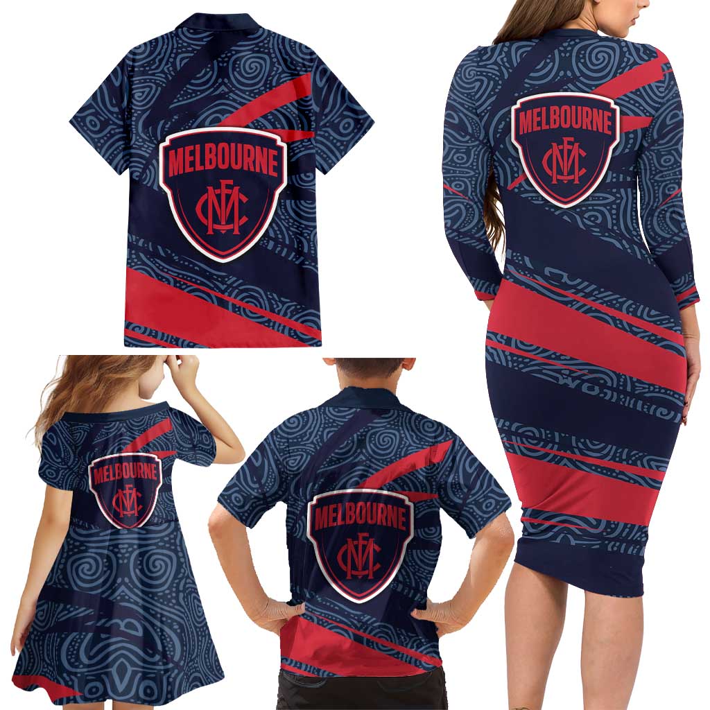 Melbourne Demons Australian Football Family Matching Long Sleeve Bodycon Dress and Hawaiian Shirt Devil Mascot With Indigenous Pattern Art