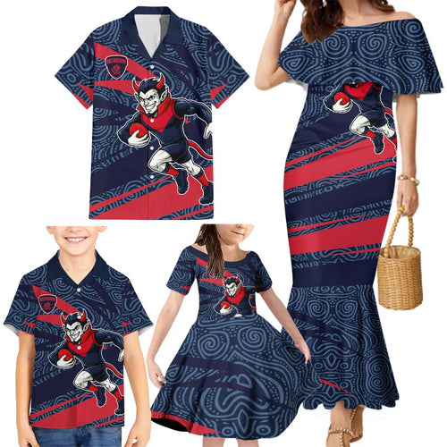 Melbourne Demons Australian Football Family Matching Mermaid Dress and Hawaiian Shirt Devil Mascot With Indigenous Pattern Art