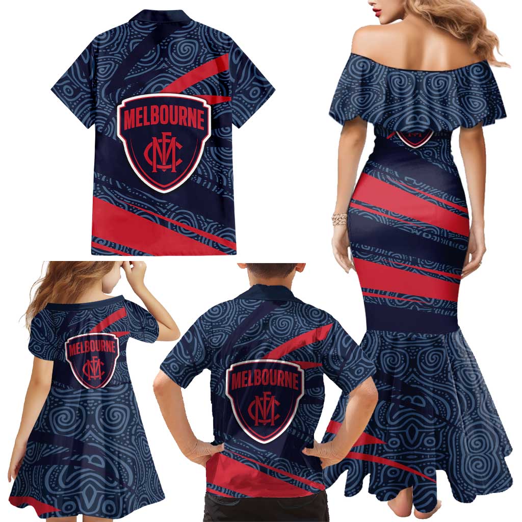 Melbourne Demons Australian Football Family Matching Mermaid Dress and Hawaiian Shirt Devil Mascot With Indigenous Pattern Art