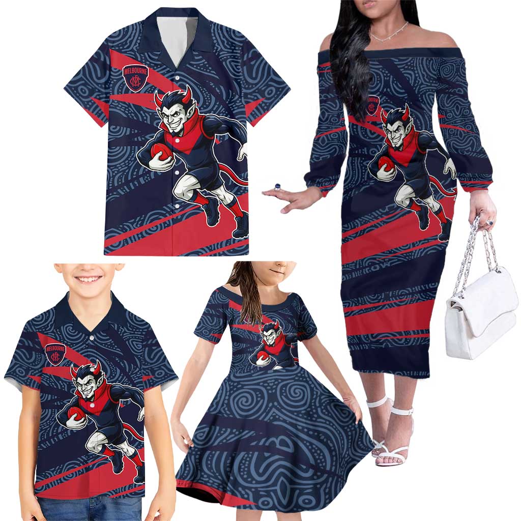 Melbourne Demons Australian Football Family Matching Off The Shoulder Long Sleeve Dress and Hawaiian Shirt Devil Mascot With Indigenous Pattern Art