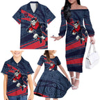 Melbourne Demons Australian Football Family Matching Off The Shoulder Long Sleeve Dress and Hawaiian Shirt Devil Mascot With Indigenous Pattern Art