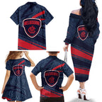 Melbourne Demons Australian Football Family Matching Off The Shoulder Long Sleeve Dress and Hawaiian Shirt Devil Mascot With Indigenous Pattern Art