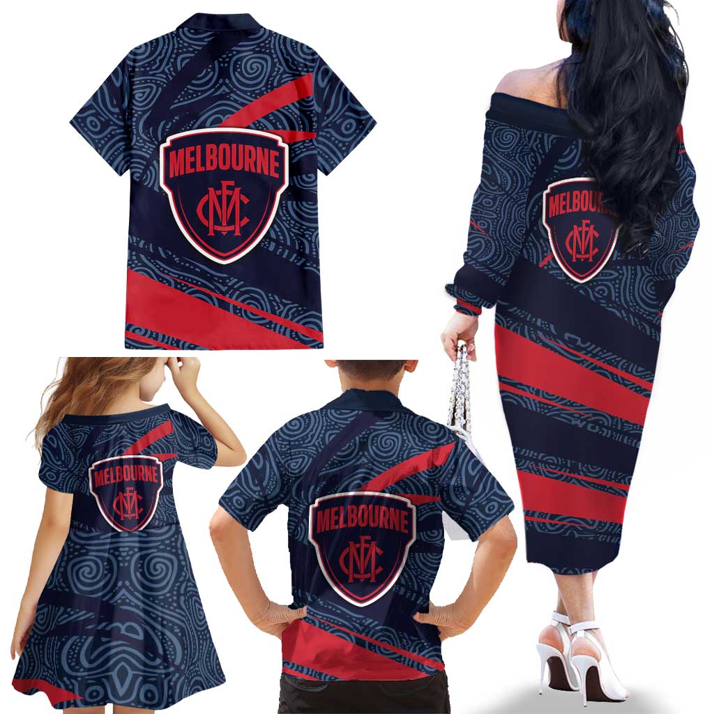 Melbourne Demons Australian Football Family Matching Off The Shoulder Long Sleeve Dress and Hawaiian Shirt Devil Mascot With Indigenous Pattern Art