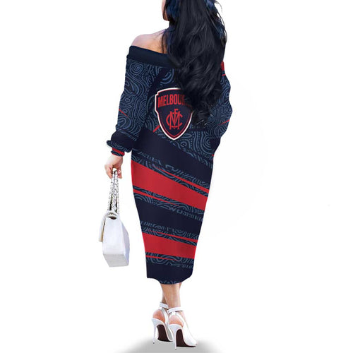 Melbourne Demons Australian Football Family Matching Off The Shoulder Long Sleeve Dress and Hawaiian Shirt Devil Mascot With Indigenous Pattern Art
