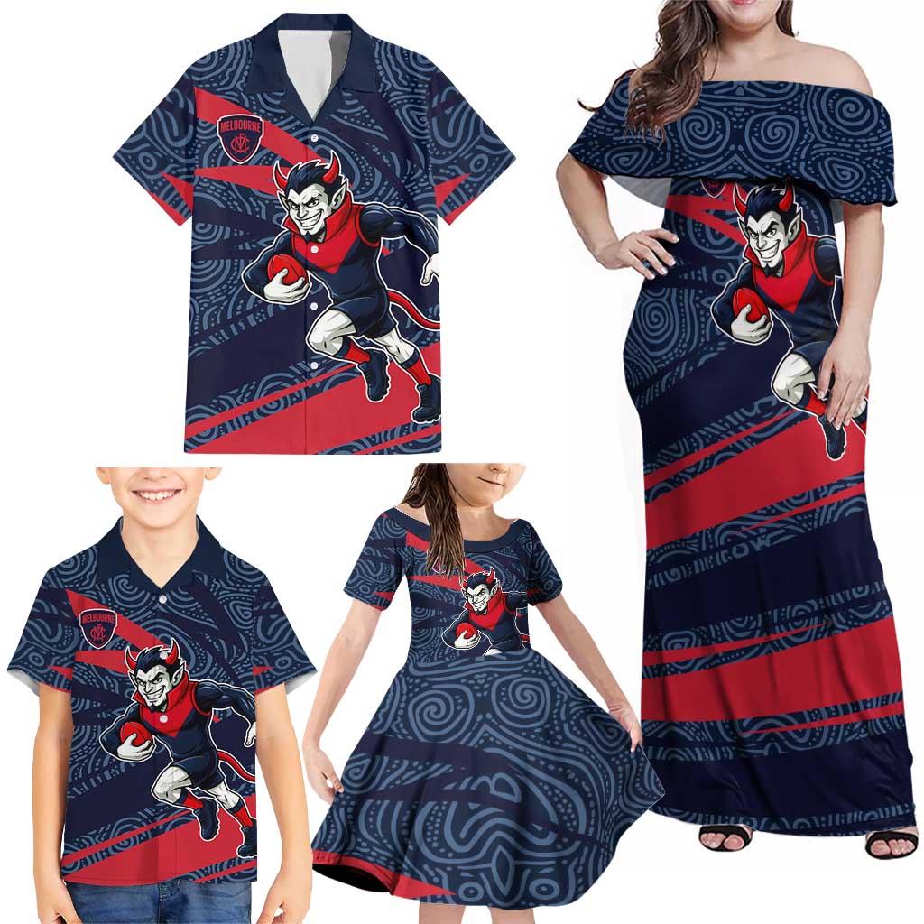 Melbourne Demons Australian Football Family Matching Off Shoulder Maxi Dress and Hawaiian Shirt Devil Mascot With Indigenous Pattern Art