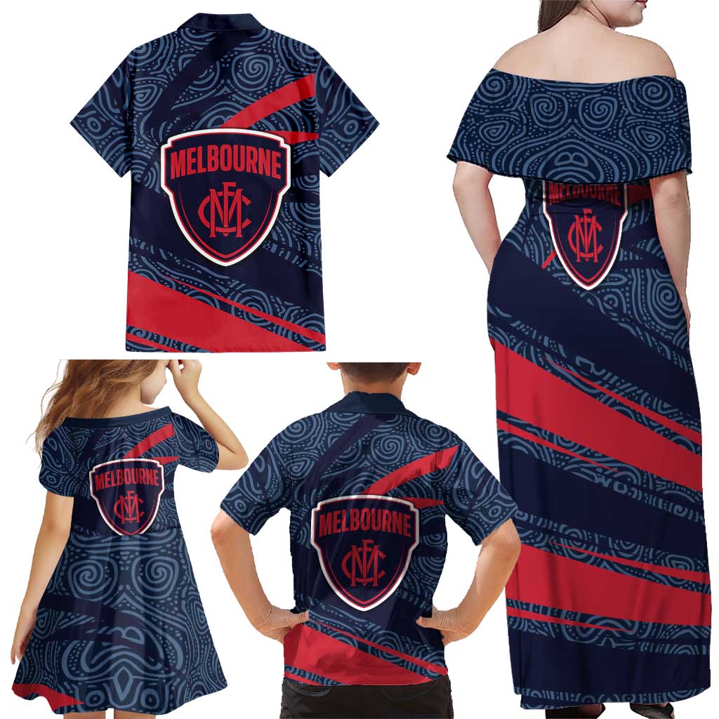 Melbourne Demons Australian Football Family Matching Off Shoulder Maxi Dress and Hawaiian Shirt Devil Mascot With Indigenous Pattern Art