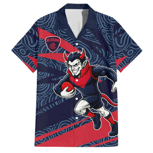Melbourne Demons Australian Football Family Matching Off Shoulder Maxi Dress and Hawaiian Shirt Devil Mascot With Indigenous Pattern Art