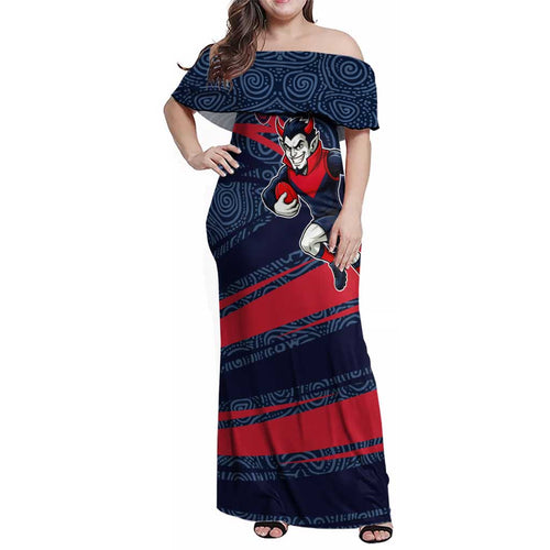 Melbourne Demons Australian Football Family Matching Off Shoulder Maxi Dress and Hawaiian Shirt Devil Mascot With Indigenous Pattern Art