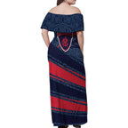 Melbourne Demons Australian Football Family Matching Off Shoulder Maxi Dress and Hawaiian Shirt Devil Mascot With Indigenous Pattern Art