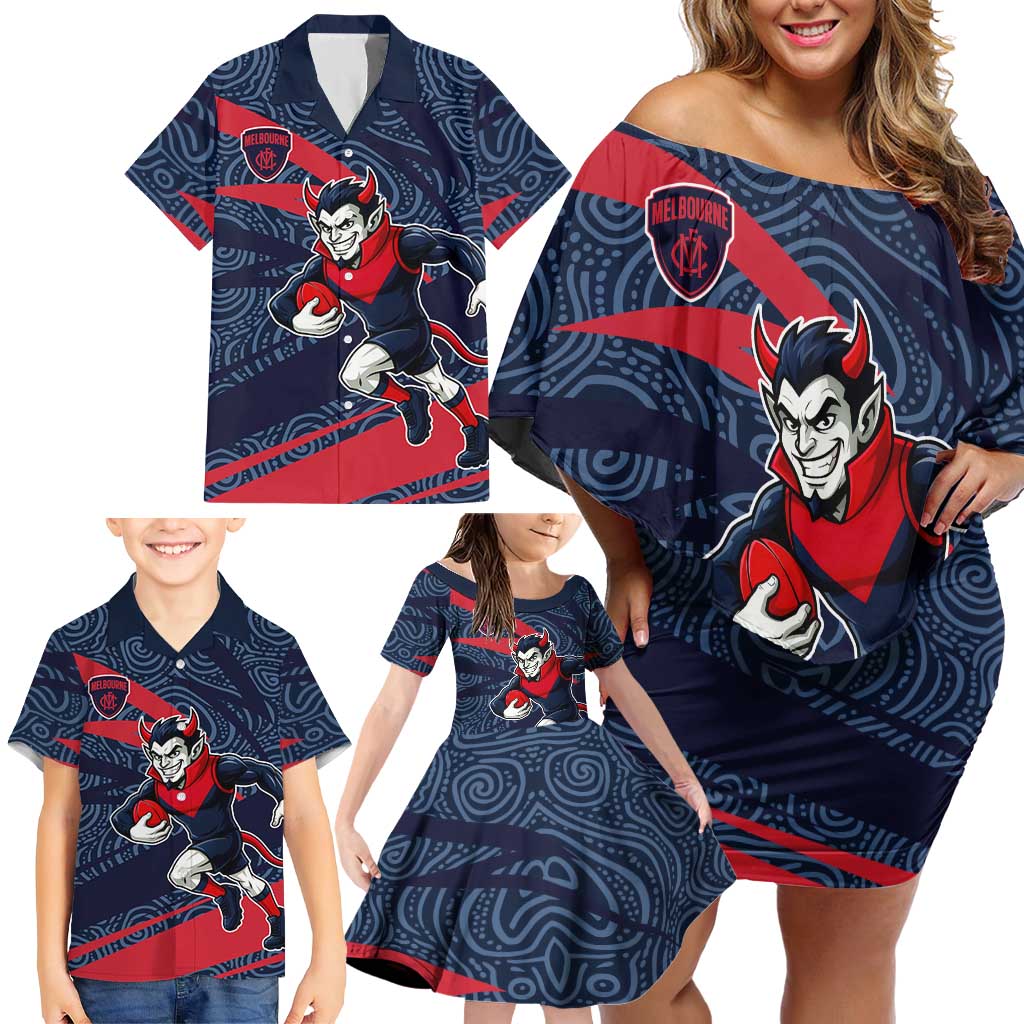 Melbourne Demons Australian Football Family Matching Off Shoulder Short Dress and Hawaiian Shirt Devil Mascot With Indigenous Pattern Art