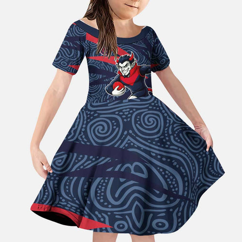 Melbourne Demons Australian Football Family Matching Off Shoulder Short Dress and Hawaiian Shirt Devil Mascot With Indigenous Pattern Art