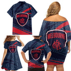 Melbourne Demons Australian Football Family Matching Off Shoulder Short Dress and Hawaiian Shirt Devil Mascot With Indigenous Pattern Art