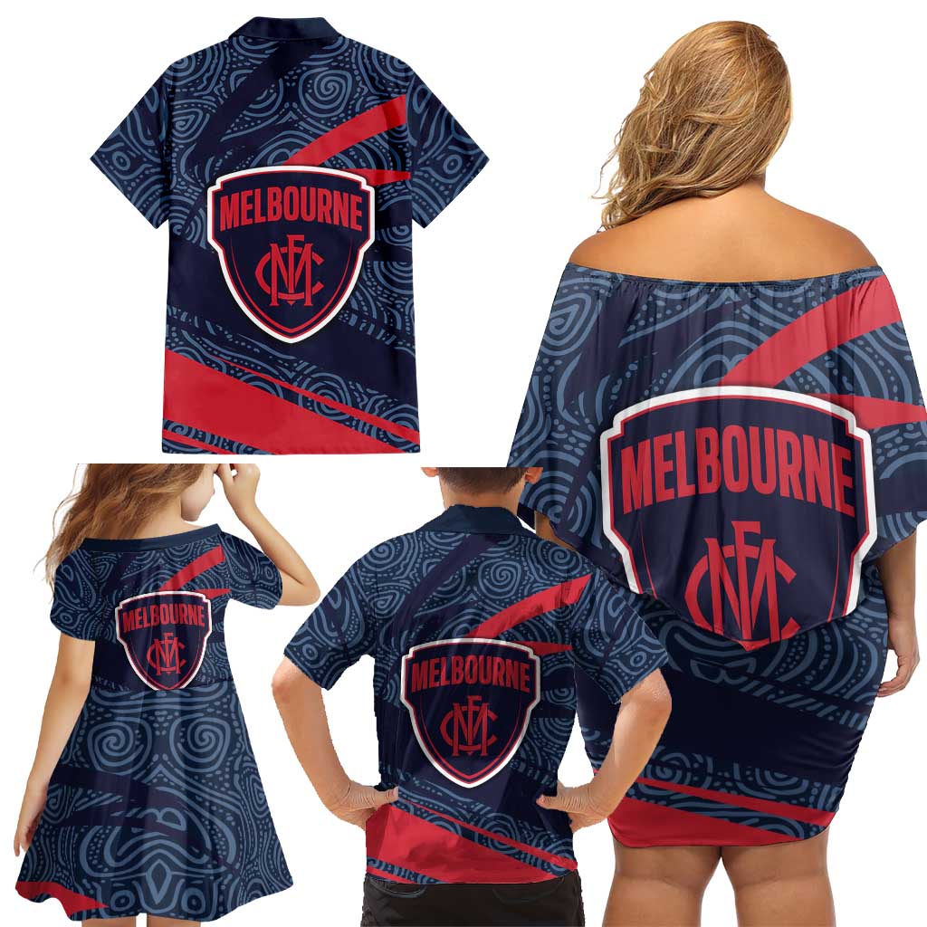 Melbourne Demons Australian Football Family Matching Off Shoulder Short Dress and Hawaiian Shirt Devil Mascot With Indigenous Pattern Art