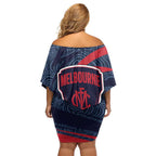 Melbourne Demons Australian Football Family Matching Off Shoulder Short Dress and Hawaiian Shirt Devil Mascot With Indigenous Pattern Art